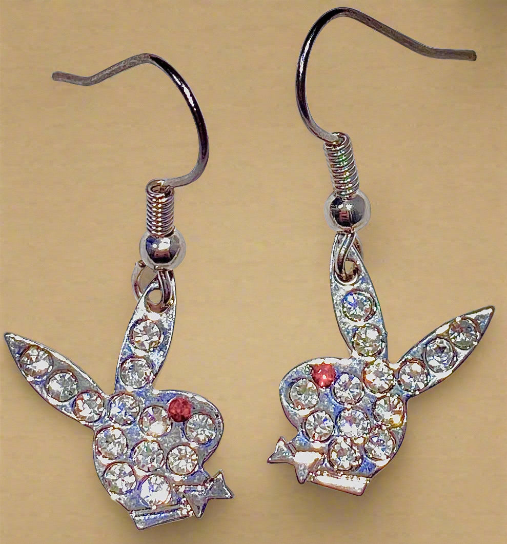 Playboy Crystal Bunny Drop Earrings – Red Eye Detail on Stainless Steel Fish Hooks