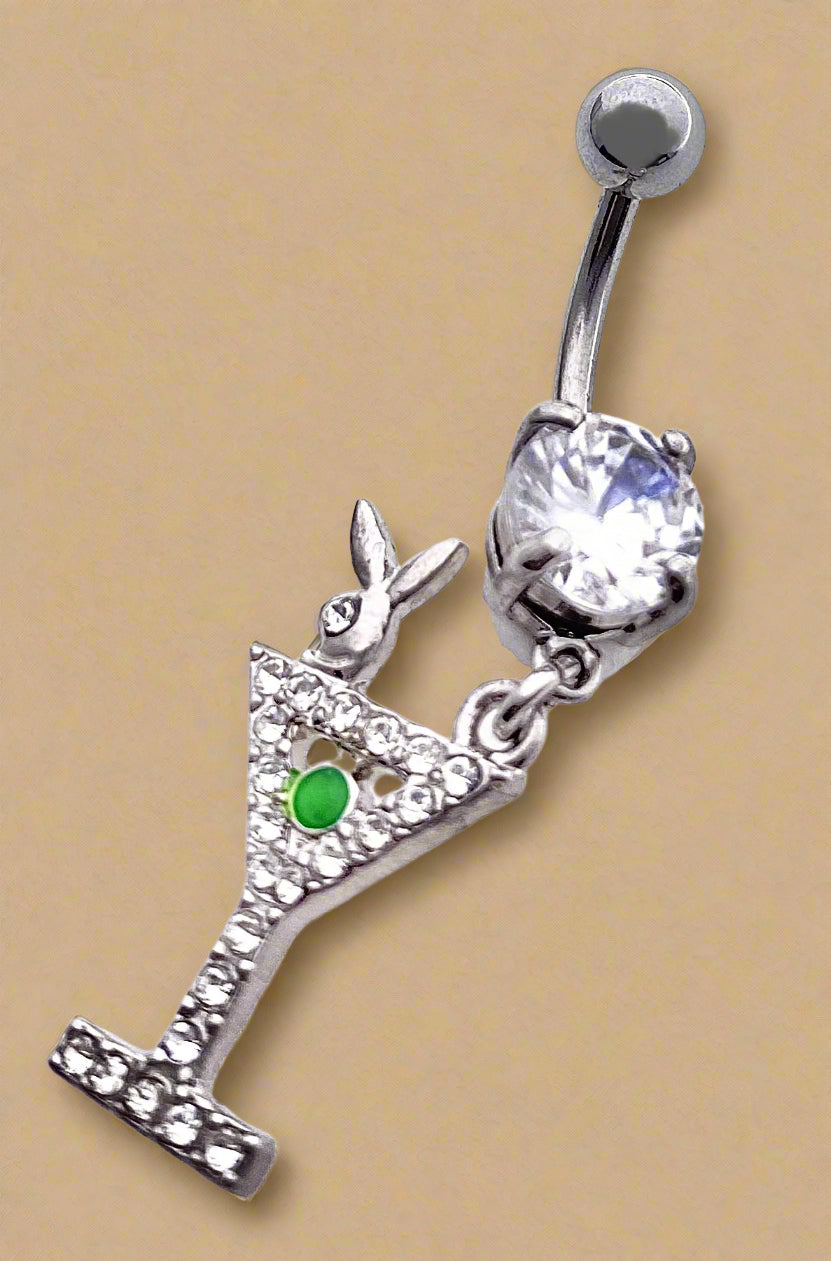 Playboy Lavender Crystal Martini Glass & Bunny Head Dangle Belly Ring Stainless Steel
