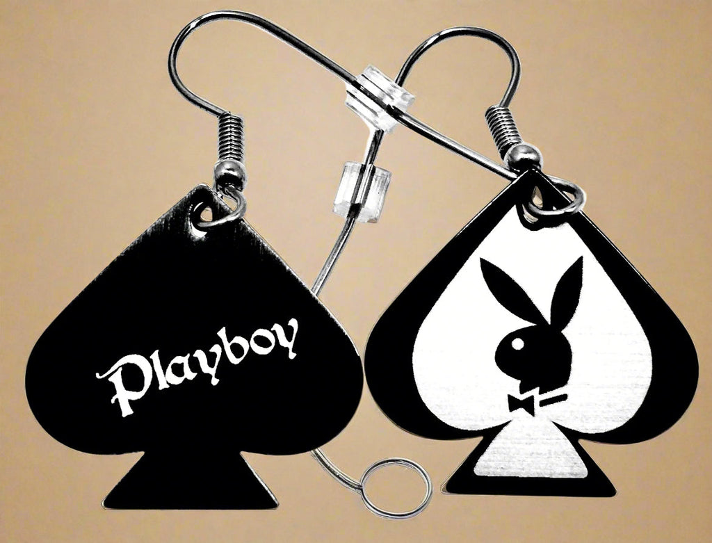 Playboy Spade Drop Earrings – Black & White Ace Design with Bunny Heads