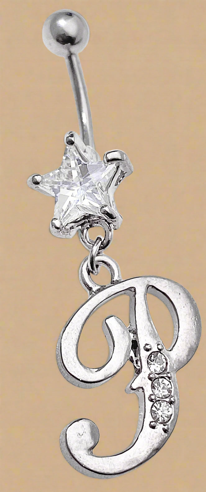 Playboy Crystal Star with Dangling “P” Charm Belly Ring Stainless Steel