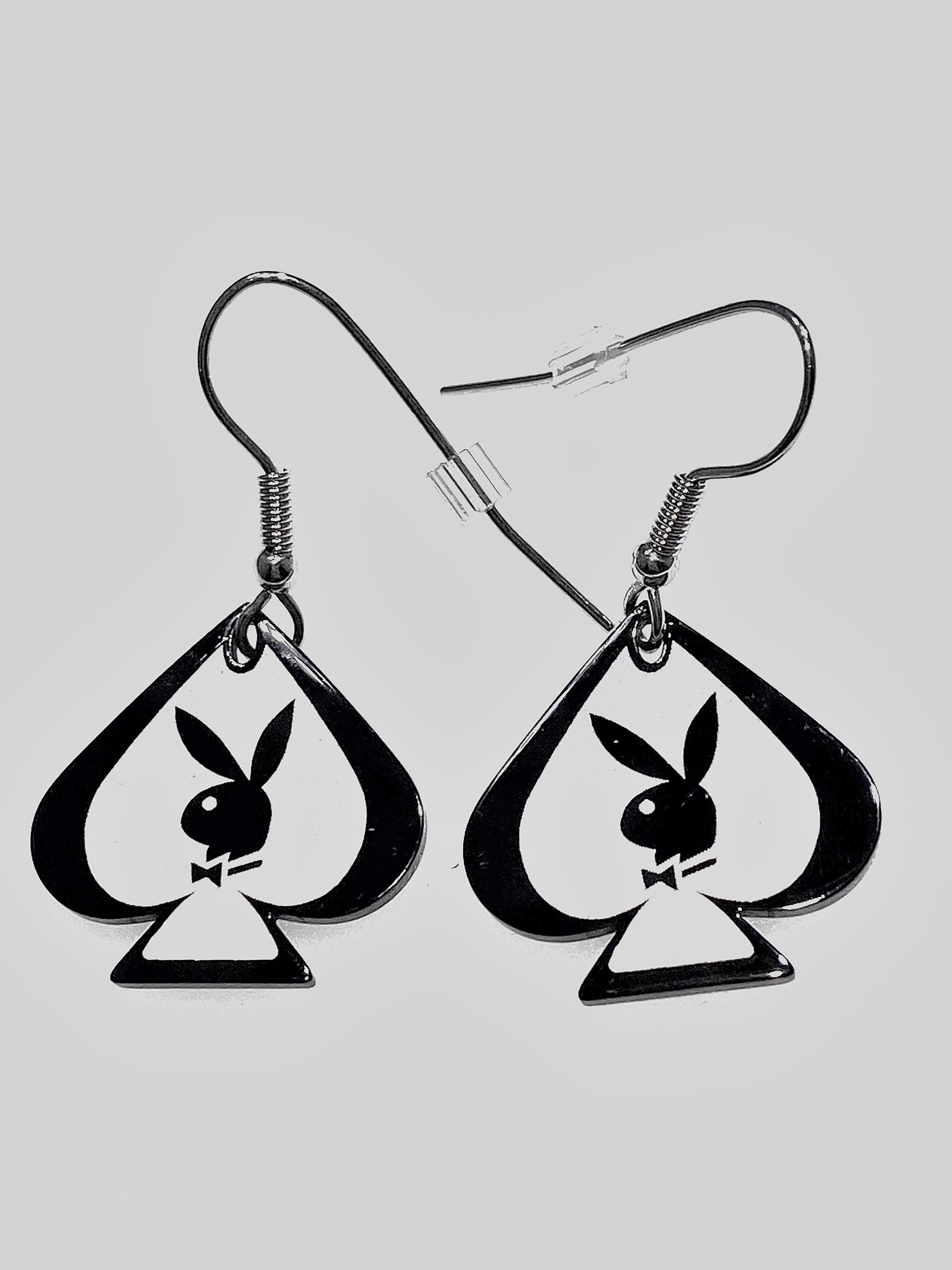 Playboy Spade Drop Earrings – Black & White Ace Design with Bunny Heads