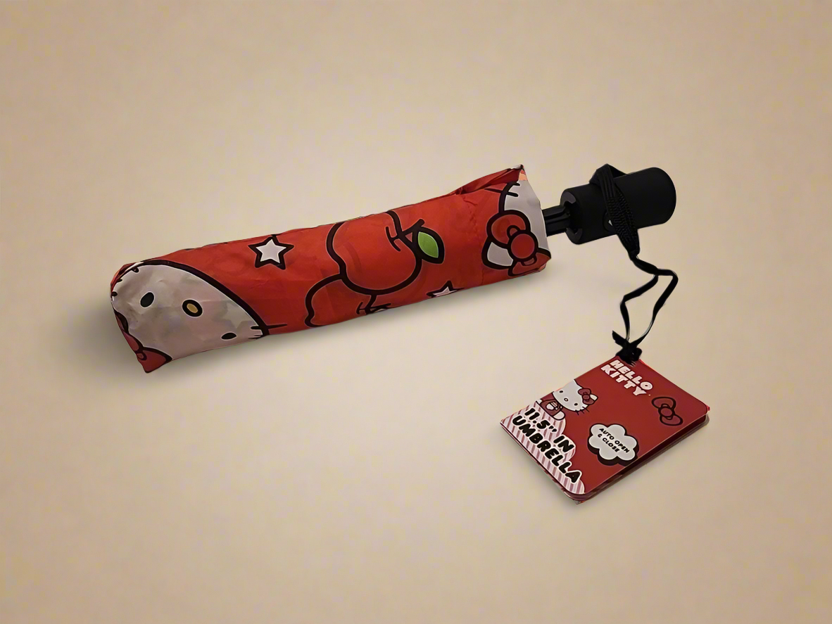 Hello Kitty 11.5" Folding Umbrella Red Apples Stars Auto Open Close