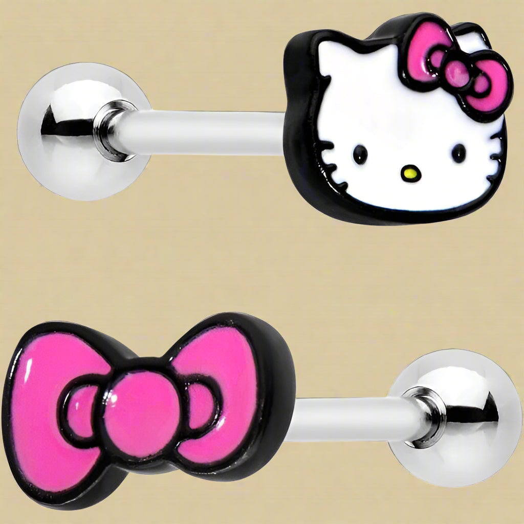Hello Kitty Pink Bow Barbell Tongue Ring Set – Stainless Steel Body Jewelry