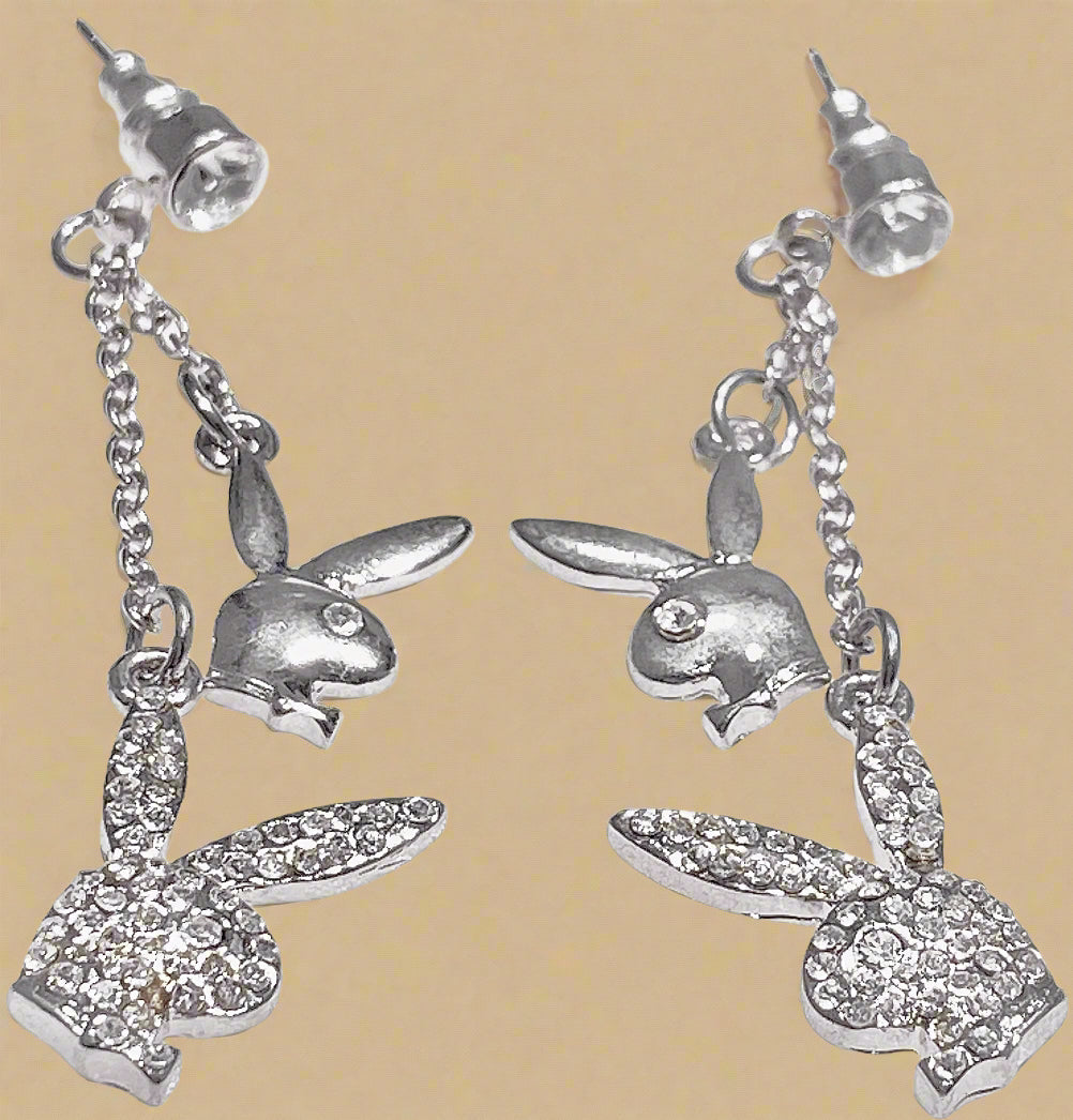 Playboy Dual Bunny Drop Earrings – High Polish & Crystal Accent Pair