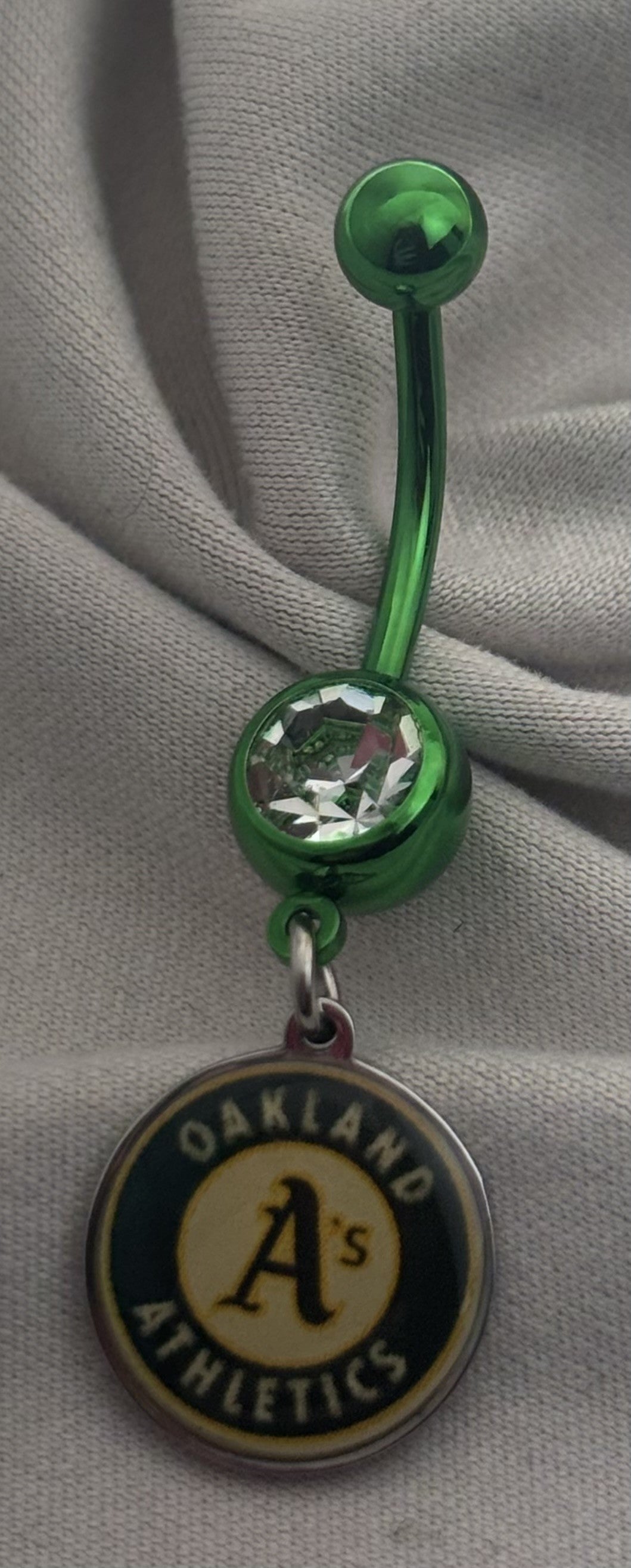 MLB Oakland Athletics Green Anodized Belly Ring with Clear Gem