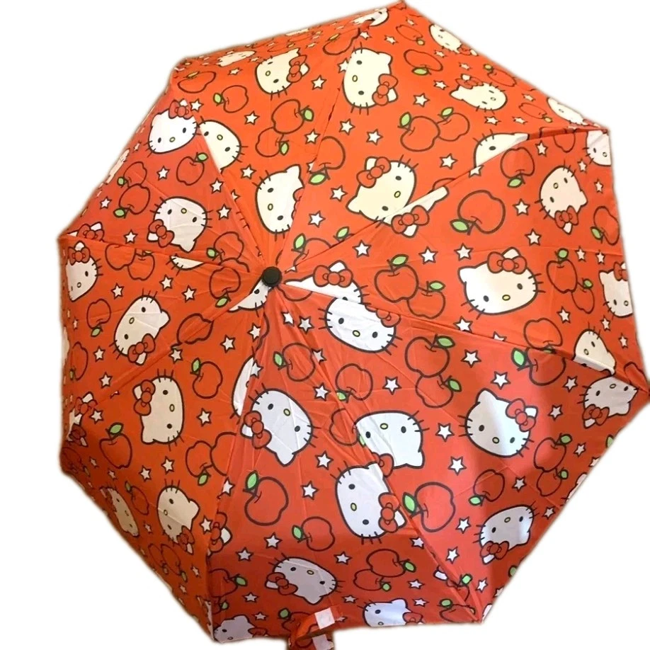 Hello Kitty 11.5" Folding Umbrella Red Apples Stars Auto Open Close