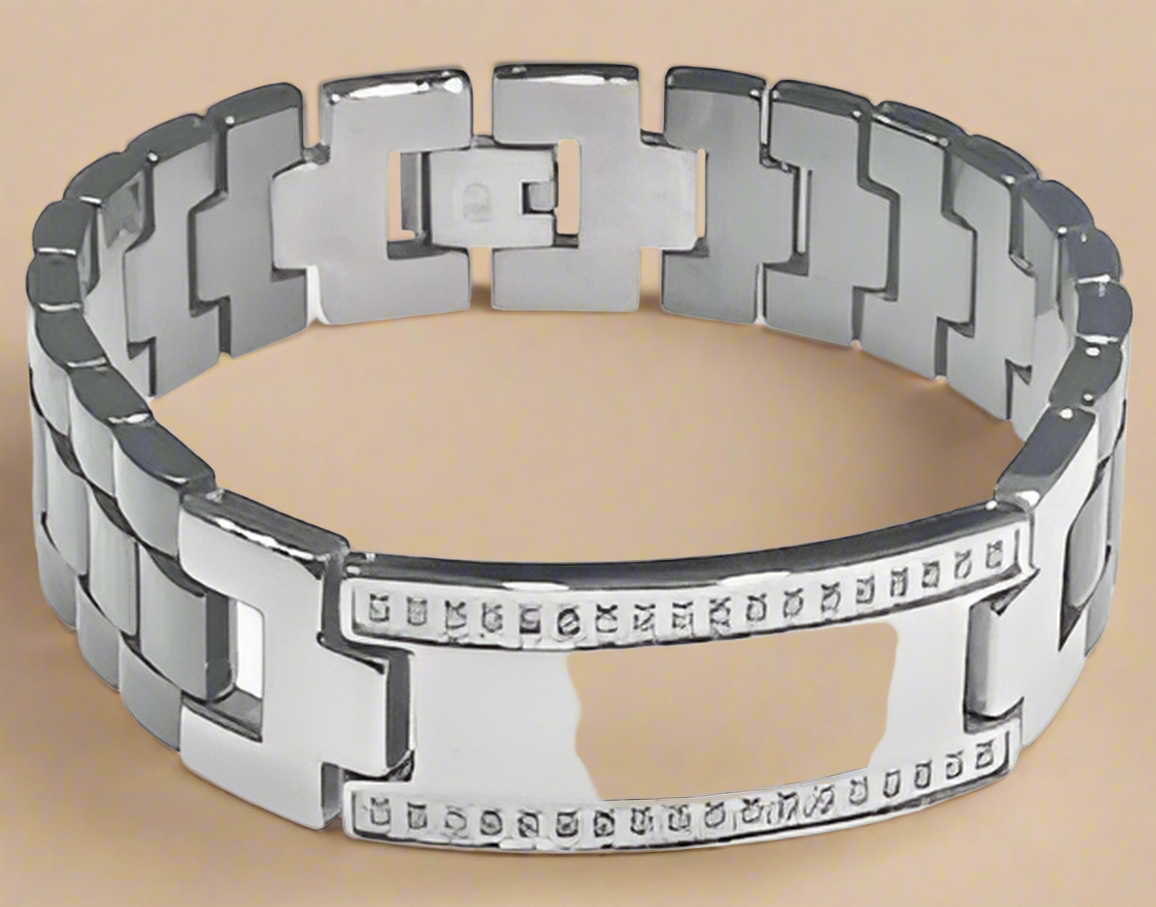 Fashion Black Plated ID with Stones 8.5" Bracelet