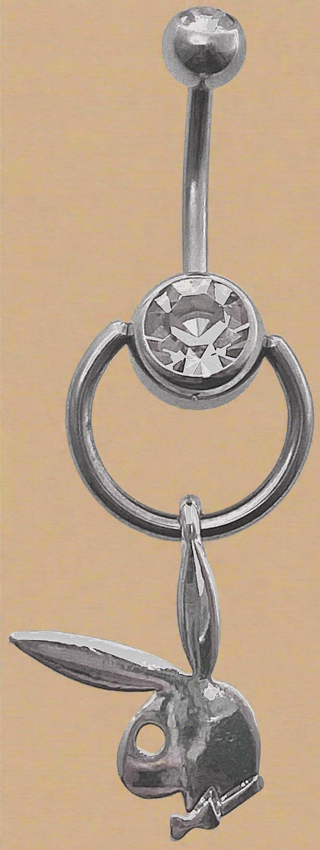 Playboy White Crystal Circle Bunny Head with White Eye Belly Ring Stainless Steel