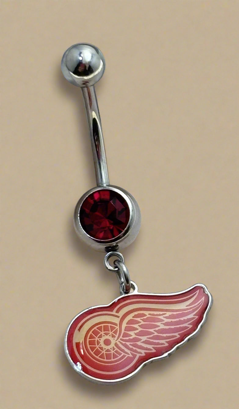 Licensed NHL Red Gem Stainless Steel Anodized Detroit Red Wings Belly Ring