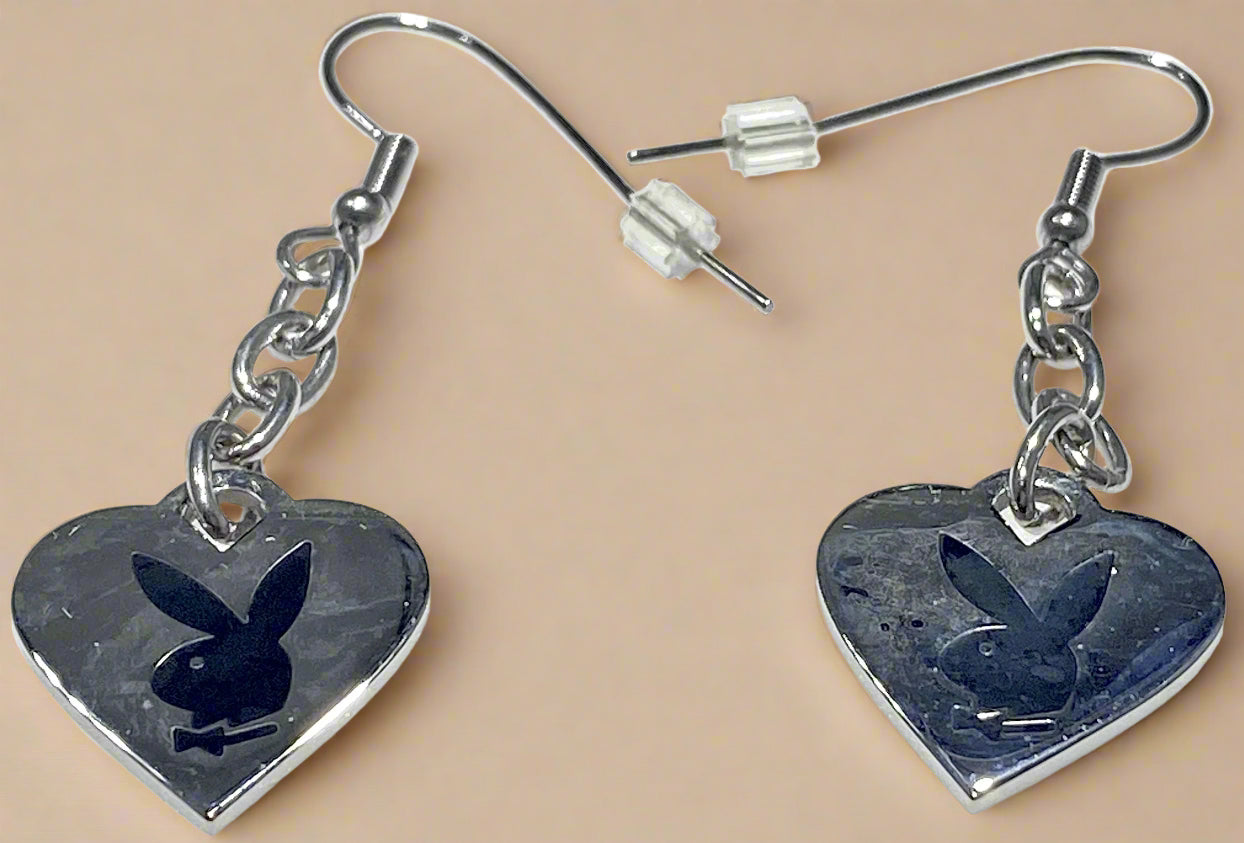 Playboy Heart Drop Earrings – Black Etched Bunny Design in Stainless Steel