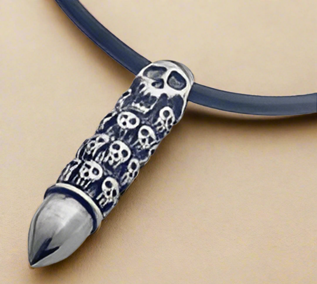 FASHION Bullet Skull Pendant on a Leather Necklace 24"