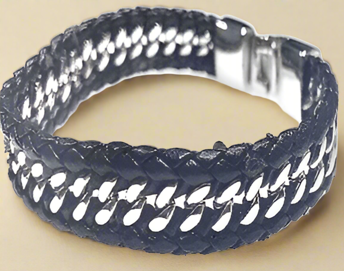 Fashion Black Leather and Silver Plated Bracelet 9"