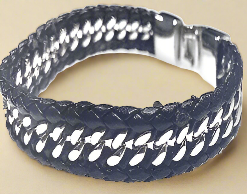 Fashion Black Leather and Silver Plated Bracelet 9"