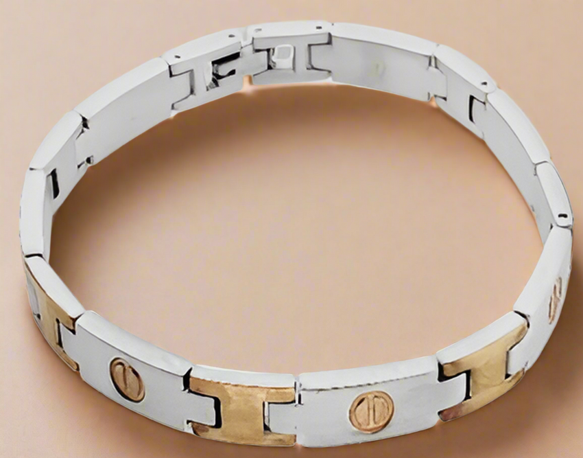 Fashion Two Tone Rose and Silver Plated Bracelet with Screw Accent 7.5"