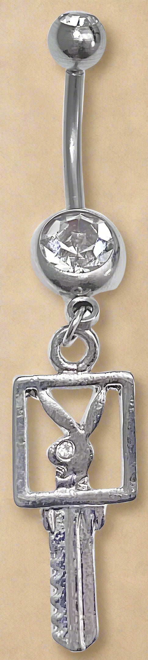 Playboy White Crystal Key Charm Belly Ring Stainless Steel
