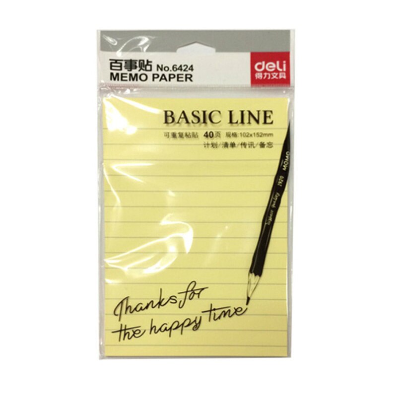 Deli Basic Line Memo Paper Sticky Notes 4" x 6" Lined (4 Pads, 160 Sheets)