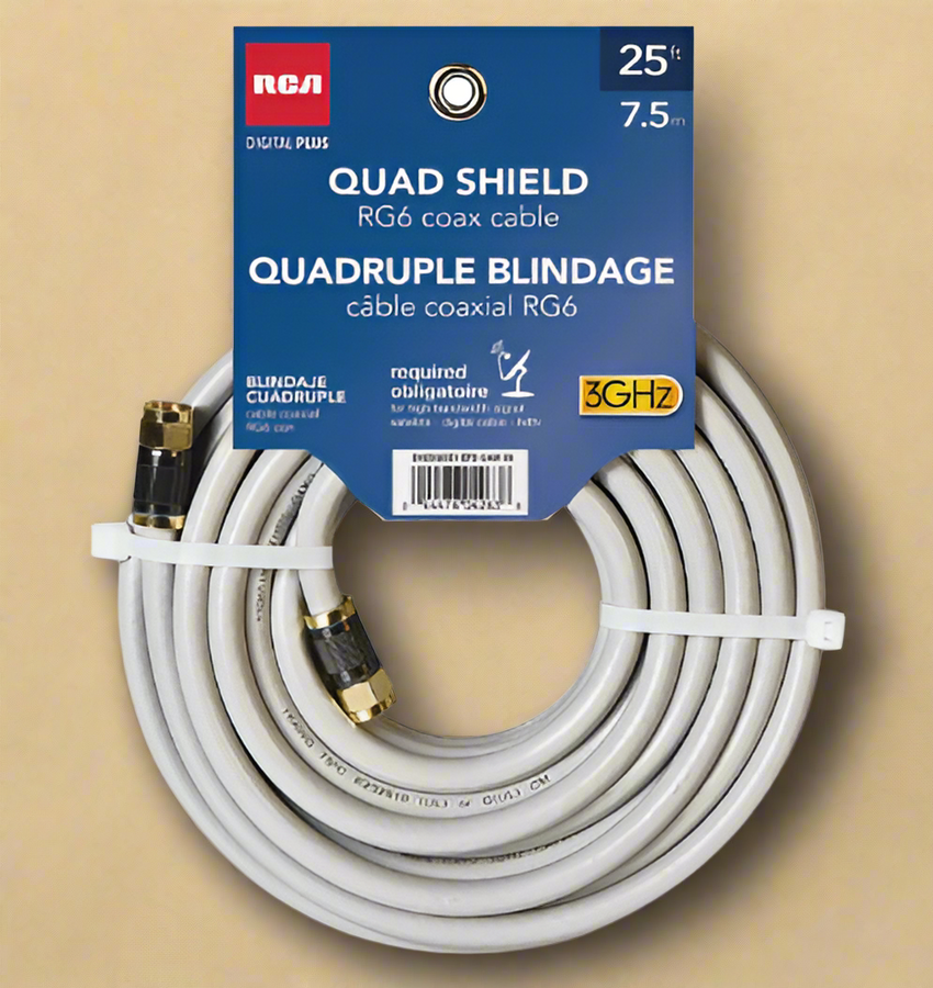 RCA Quad Shield RG6 Coaxial Cable – 25ft, 18 AWG, Black