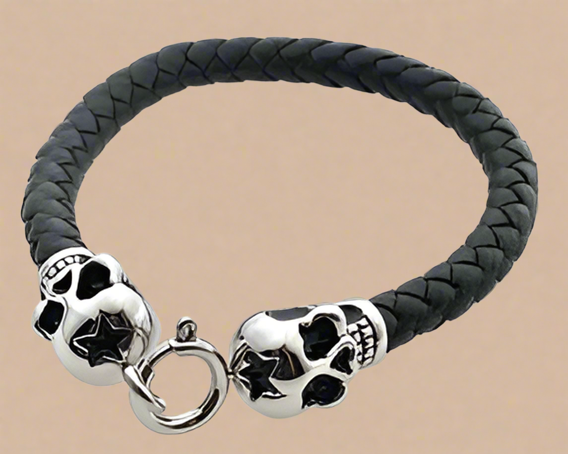 Fashion Skull End Caps on Black Leather Bracelet 8.5