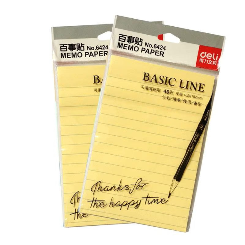 Deli Basic Line Memo Paper Sticky Notes 4" x 6" Lined (4 Pads, 160 Sheets)