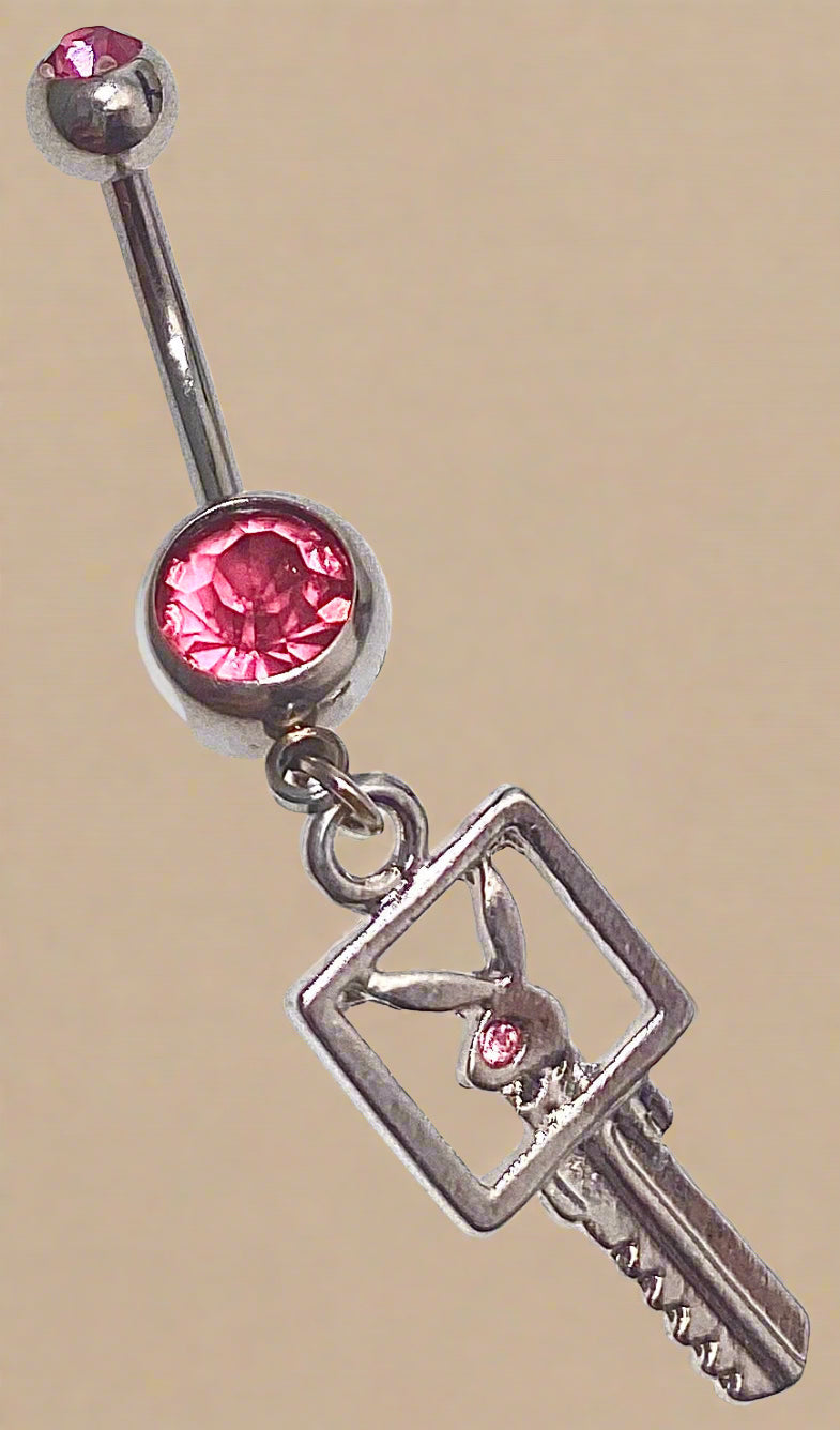 Playboy Pink Crystal Key Charm Belly Ring Stainless Steel