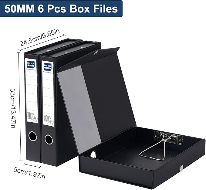 Black Storage File Boxes with Lid – 50mm Spine, 4-Pack