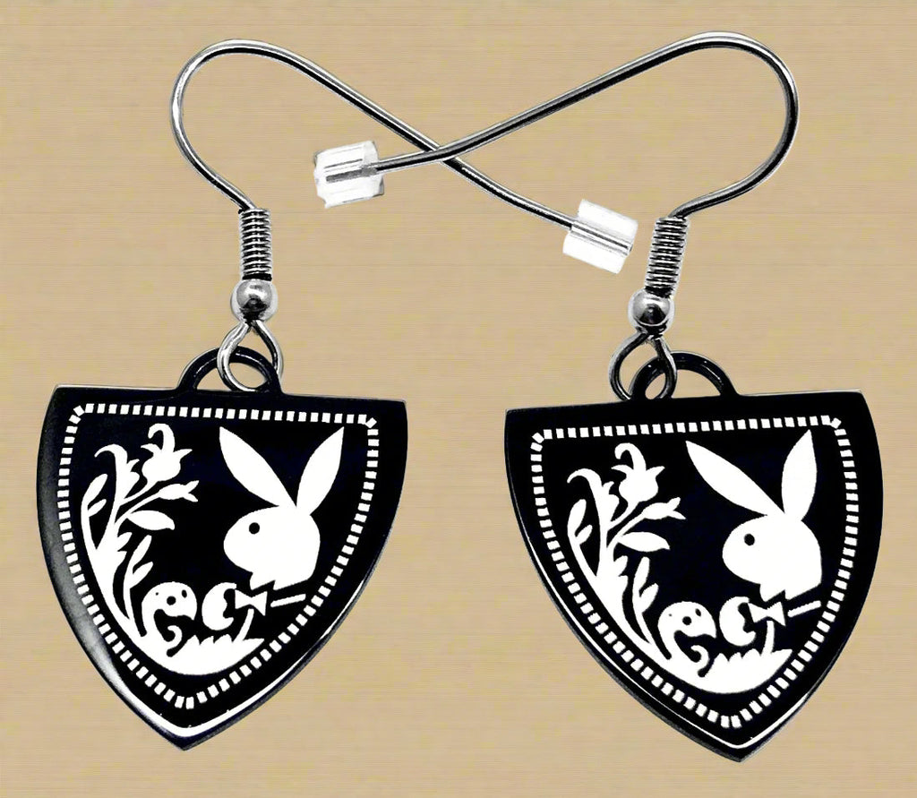 Playboy Shield Drop Earrings – Ornate Bunny Design in Stainless Steel