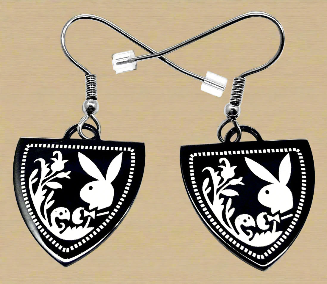 Playboy Shield Drop Earrings – Ornate Bunny Design in Stainless Steel