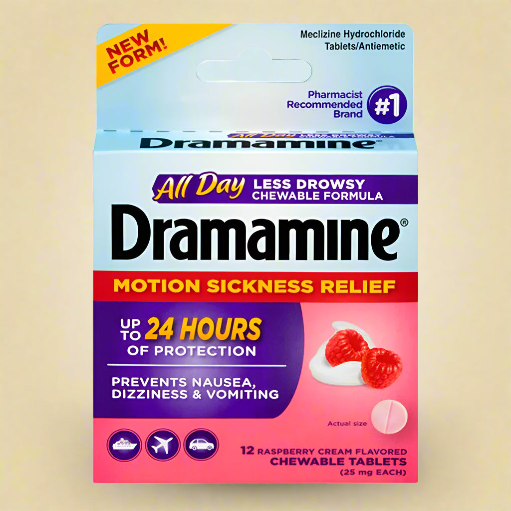 Dramamine All Day Less Drowsy – Motion Sickness Relief Chewable Tablets (12 ct)