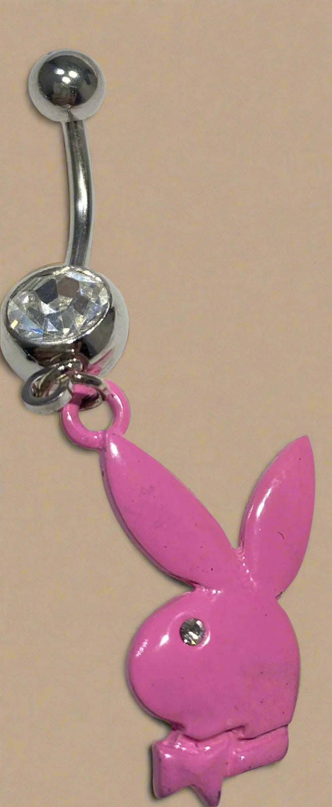 Playboy Pink Bunny Head with White Crystal Belly Ring Stainless Steel