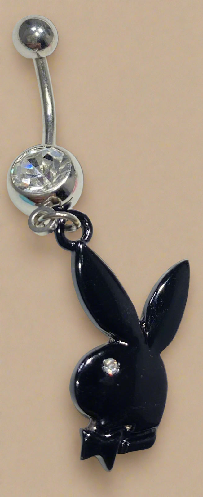 Playboy Black Bunny Head with White Crystal Belly Ring Stainless Steel