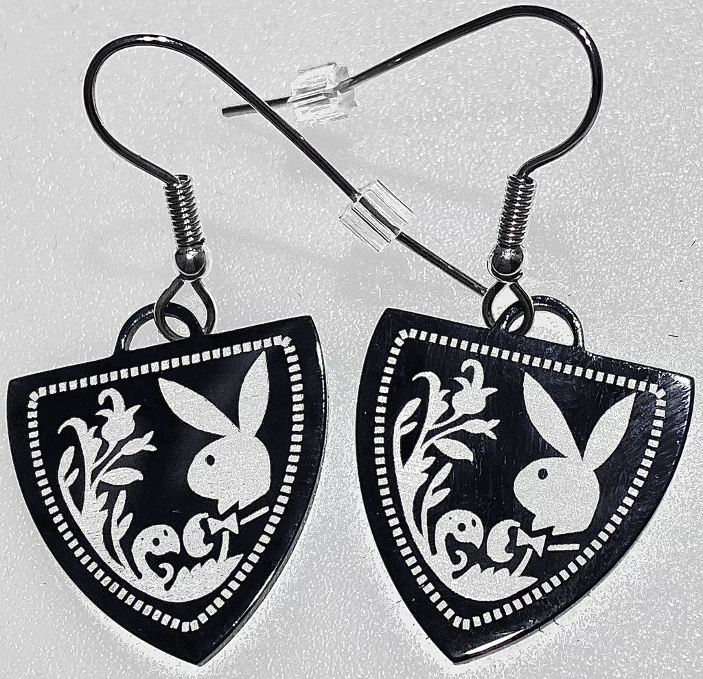 Playboy Shield Drop Earrings – Ornate Bunny Design in Stainless Steel