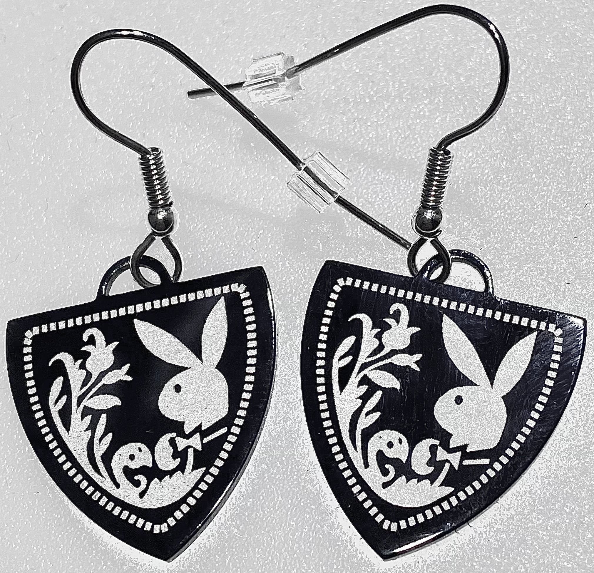 Playboy Shield Drop Earrings – Ornate Bunny Design in Stainless Steel