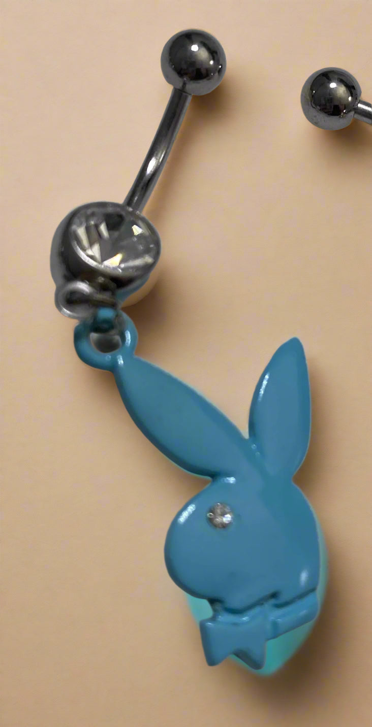 Playboy Blue Bunny Head with White Crystal Belly Ring Stainless Steel