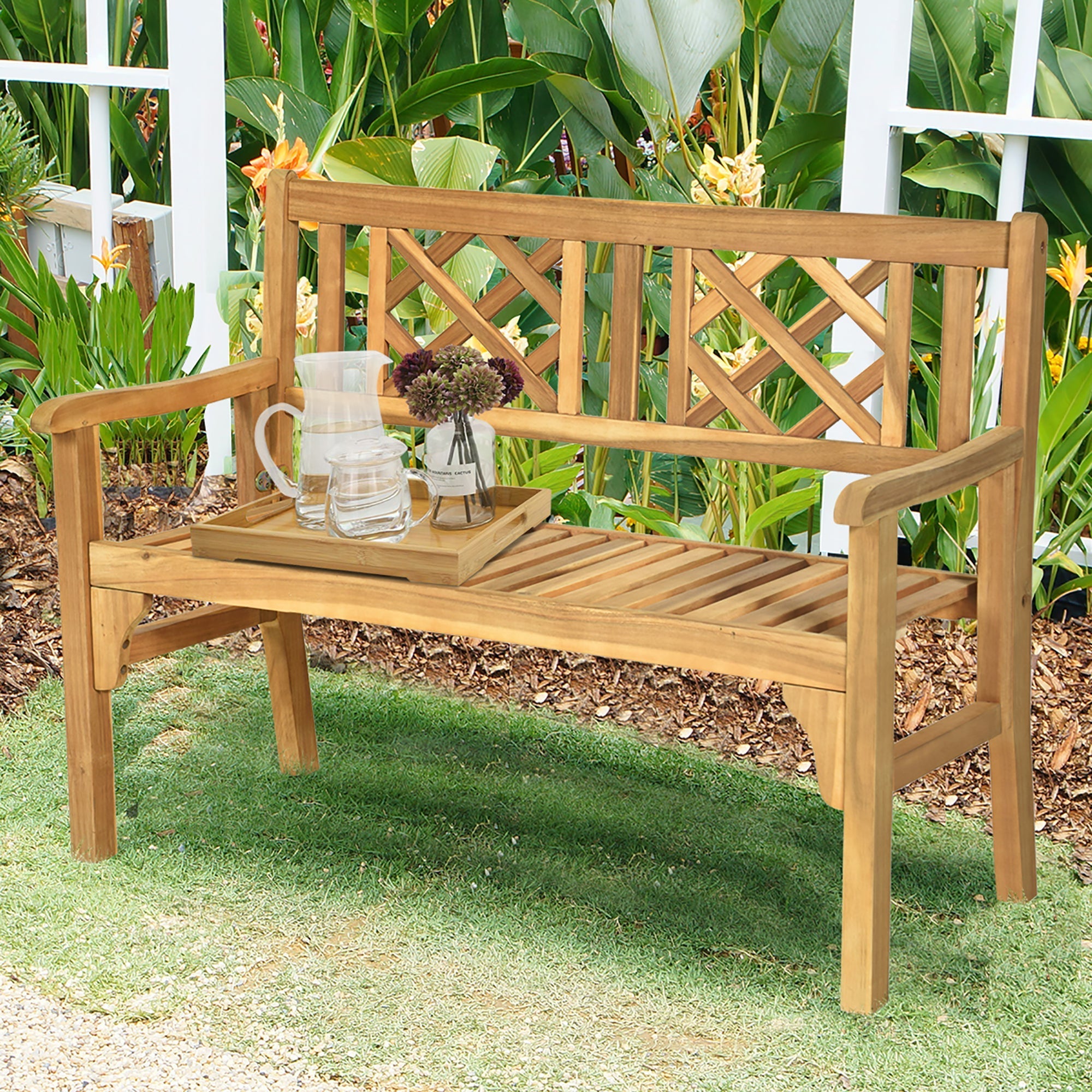 Costway Patio Outdoor Solid Wood Bench – Folding Loveseat Chair for Garden, Deck & Park