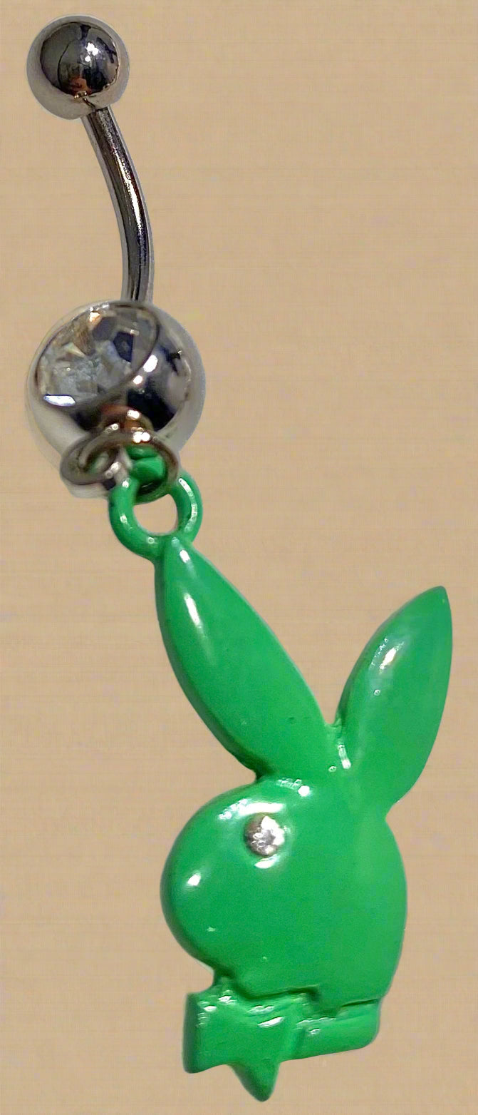 Playboy Green Bunny Head with White Crystal Belly Ring Stainless Steel