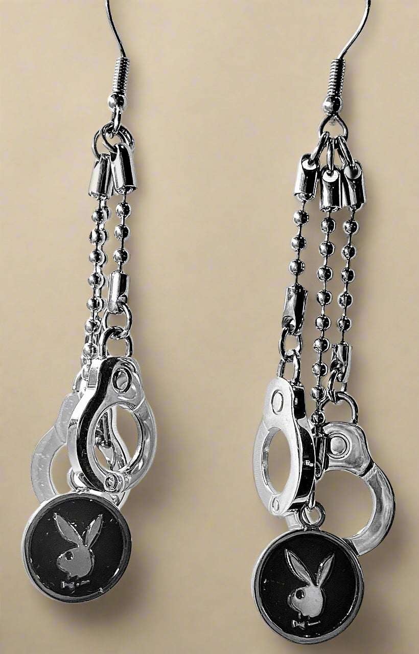 Playboy Drop Earrings – Multi-Chain Cuff & Black Inlay Disk with Bunny Head