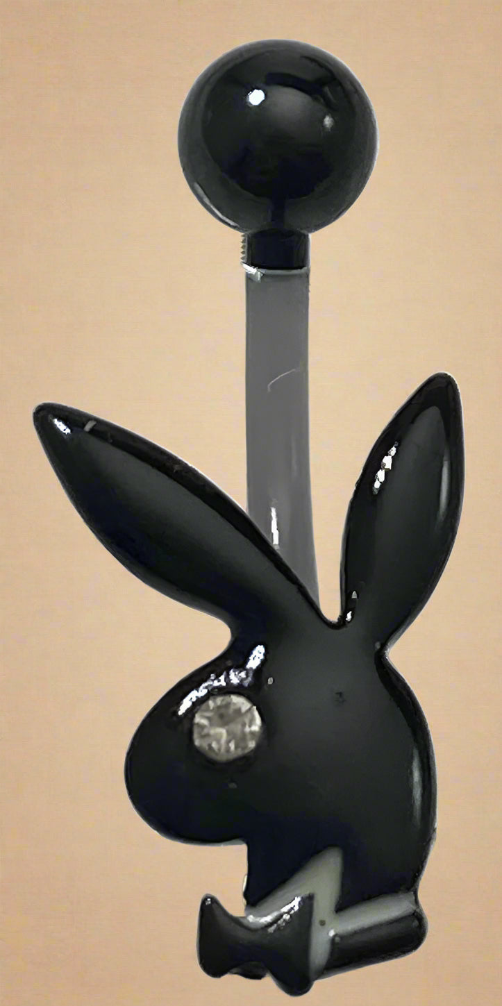 Playboy Black Bunny Head Belly Ring with Crystal Accent Stainless Steel