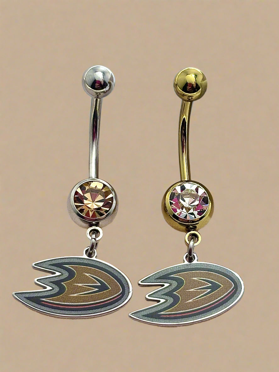 Licensed NHL Clear or Gold Gem Stainless Steel or Gold Anodized Mighty Ducks of Anaheim Belly Ring