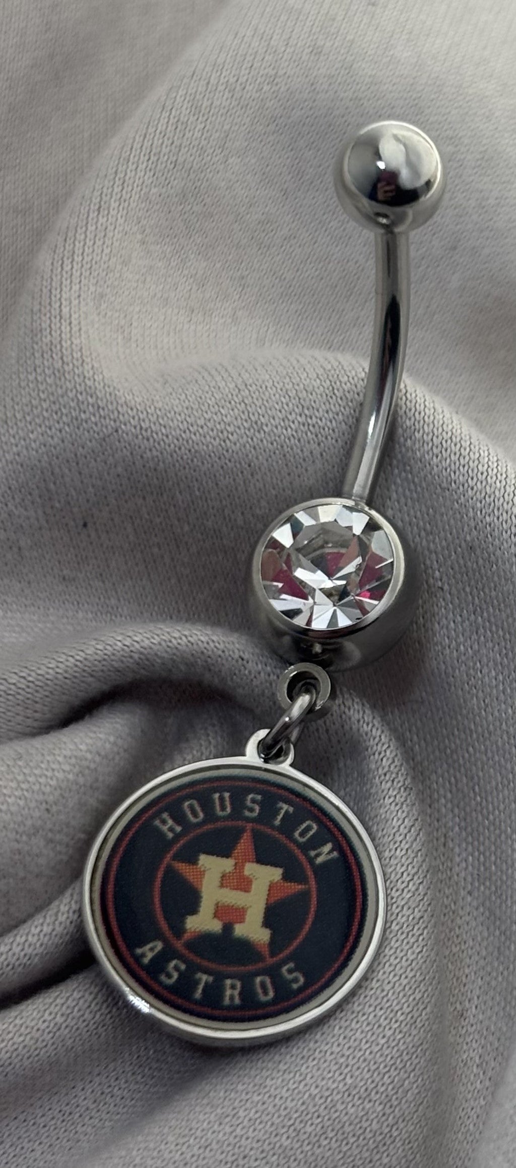 MLB Houston Astros Stainless Steel Belly Ring with Clear Gem