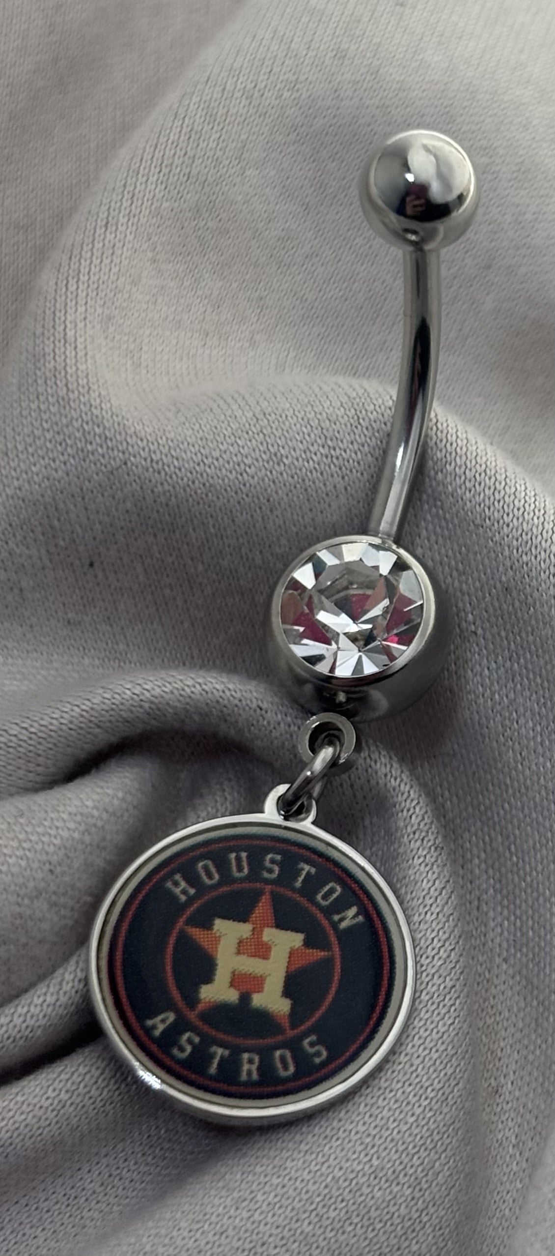 MLB Houston Astros Stainless Steel Belly Ring with Clear Gem