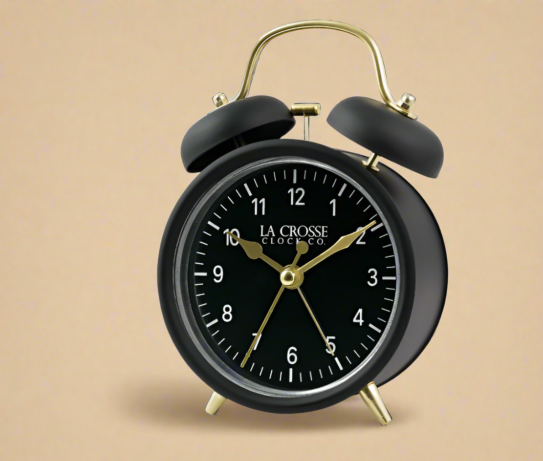 La Crosse Clock Co. Twin Bell Quartz Alarm Clock – Black & Gold (Model 617-3314BG)