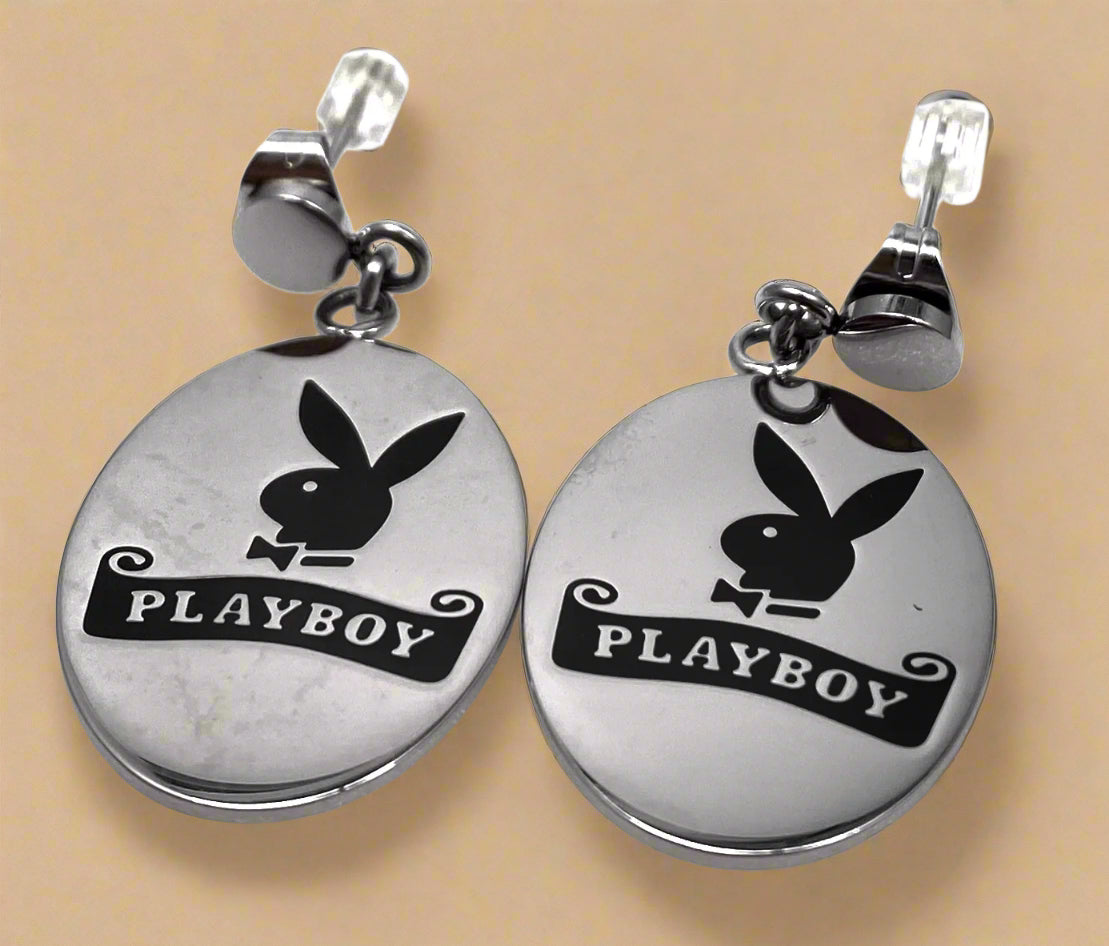 Playboy Oval Tag Earrings – Etched Logo Disk on Stainless Steel Hooks