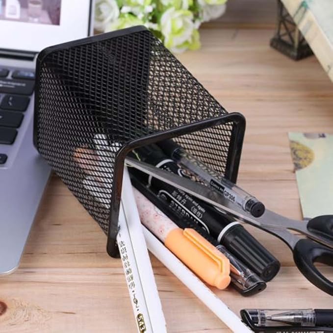 3-Pack Black Metal Mesh Pen Holders – Square Pencil Cups