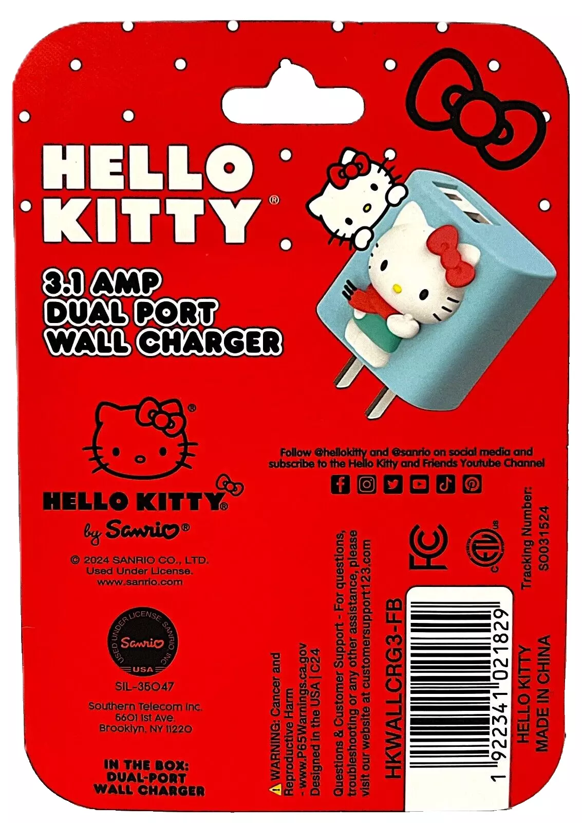 Hello Kitty Pink Scarf Dual Port Wall Charger 3.1 AMP USB A & C Brand NEW