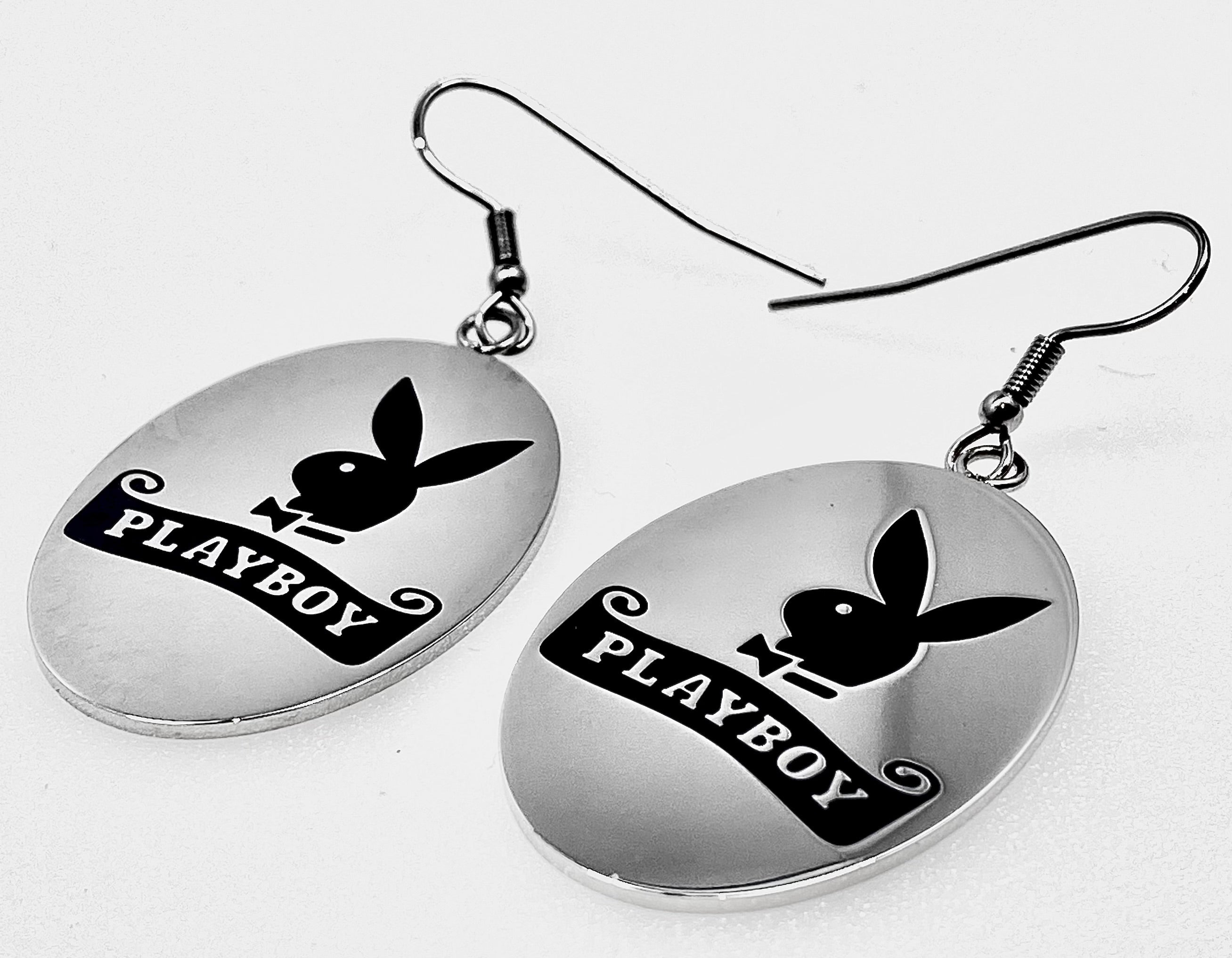 Playboy Oval Tag Earrings – Etched Logo Disk on Stainless Steel Hooks