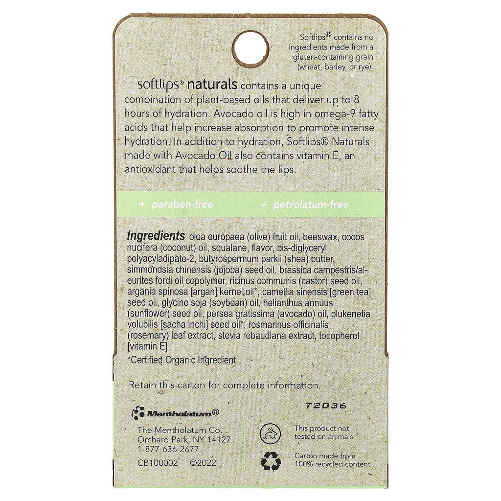 Softlips Naturals Lip Balm with Avocado Oil & Honey Mint – 2 Sticks (0.15 oz Each)