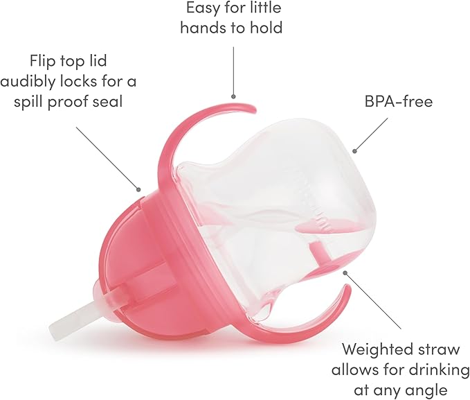 Munchkin Any Angle Weighted Straw Sippy Cup – Spill-Proof Toddler Cup with Handles, 7 oz (Pink)