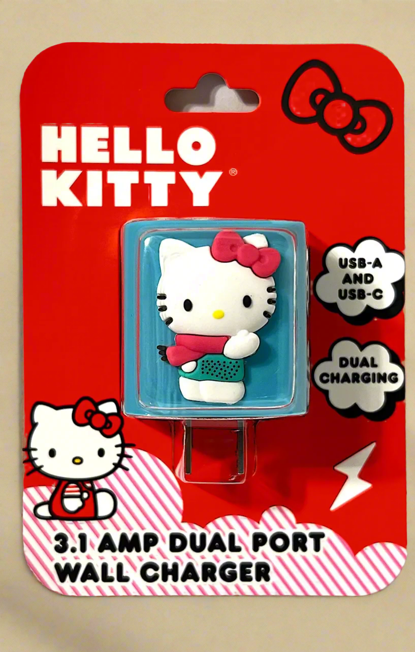 Hello Kitty Pink Scarf Dual Port Wall Charger 3.1 AMP USB A & C Brand NEW