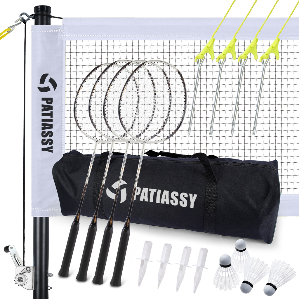 Patiassy Portable Badminton Net Set with Rackets, Shuttlecocks & Carry Bag (White)
