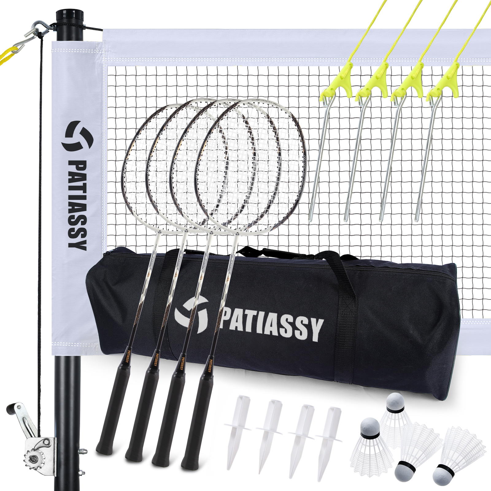 Patiassy Portable Badminton Net Set with Rackets, Shuttlecocks & Carry Bag (White)
